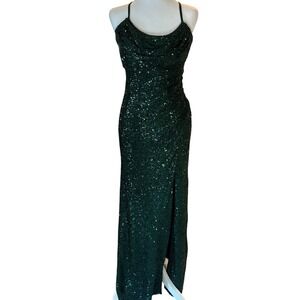 NW Nightway Green Sequin Gown Size 6 Cowl Neck Crisscross Back Formal Prom Party